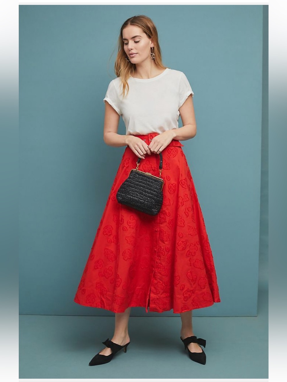 Anthropologie Maeve Sandra Belted Red Floral A-Line Midi Skirt Size 0